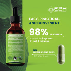E2H Chlorophyll Liquid Drops mixed in water creating a refreshing green juice moment.