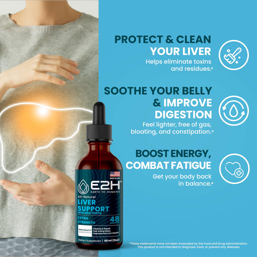 E2H Liver Support dropper shows liquid drops for fast absorption.