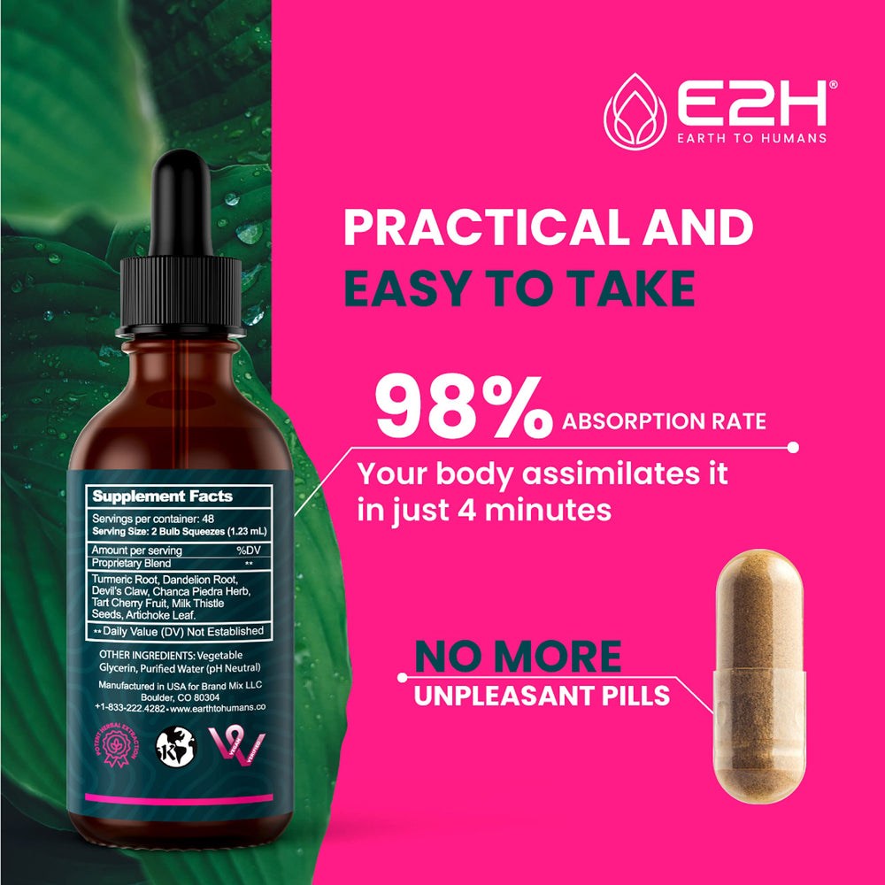 E2H Uric Acid Support Chanca Piedra blend bottle emphasizes natural uric acid inhibitors.