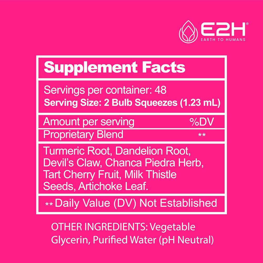 E2H Uric Acid Support Turmeric Root and Dandelion Root bottle supports gentle digestion.