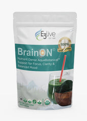 E3LIVE BrainON bottle label highlighting a brain-boosting blend for focus and clarity