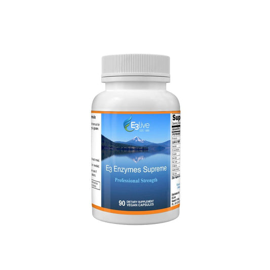 E3LIVE E3 Enzymes bottle close-up for balanced digestion.