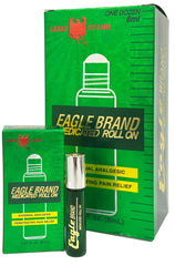 Close-up of Eagle Brand Medicated Oil Roll-On bottle with precise roller applicator.