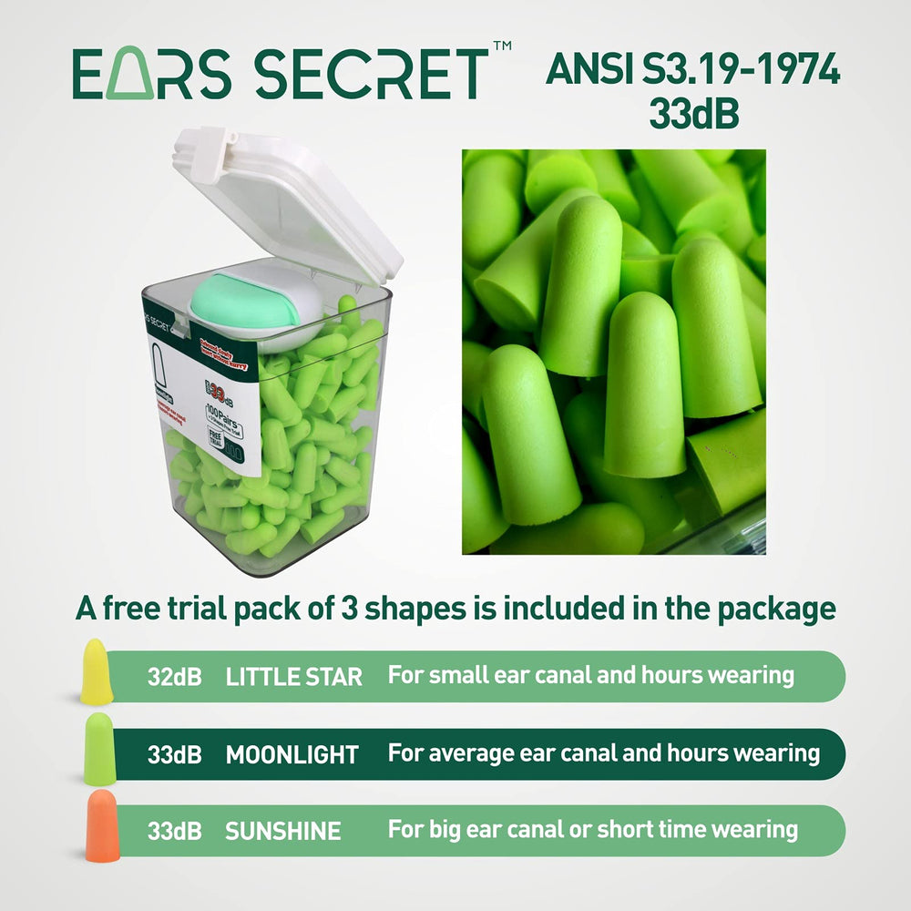 EARS SECRET foam earplugs compress to tiny diameter for quick, clean fits.