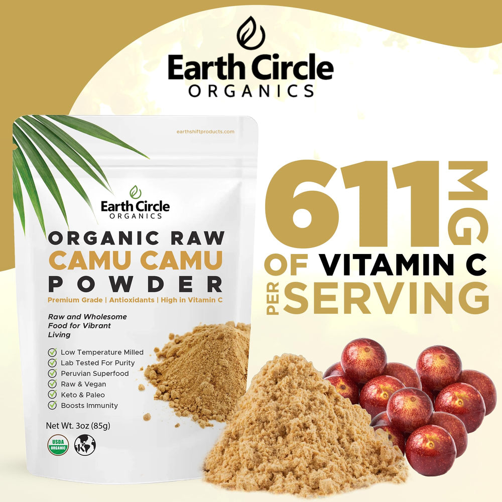 Close-up of Camu Camu powder with scoop from Earth Circle Organics
