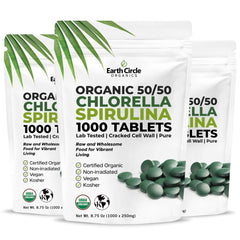 Earth Circle Organics chlorella-spirulina tablets packaging highlights the 50-50 blend for daily greens