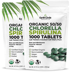 Earth Circle Organics chlorella-spirulina tablets bottle highlighting vegan daily vitality