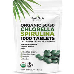 Earth Circle Organics chlorella-spirulina tablets packaging close-up showing organic quality