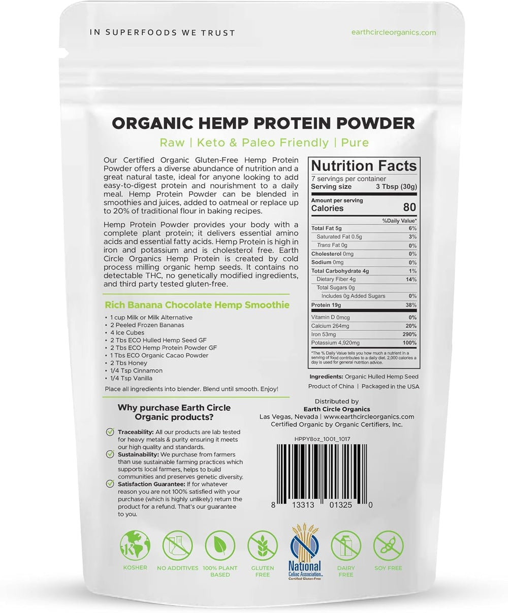 Earth Circle Organics hemp protein powder pack in kitchen setting