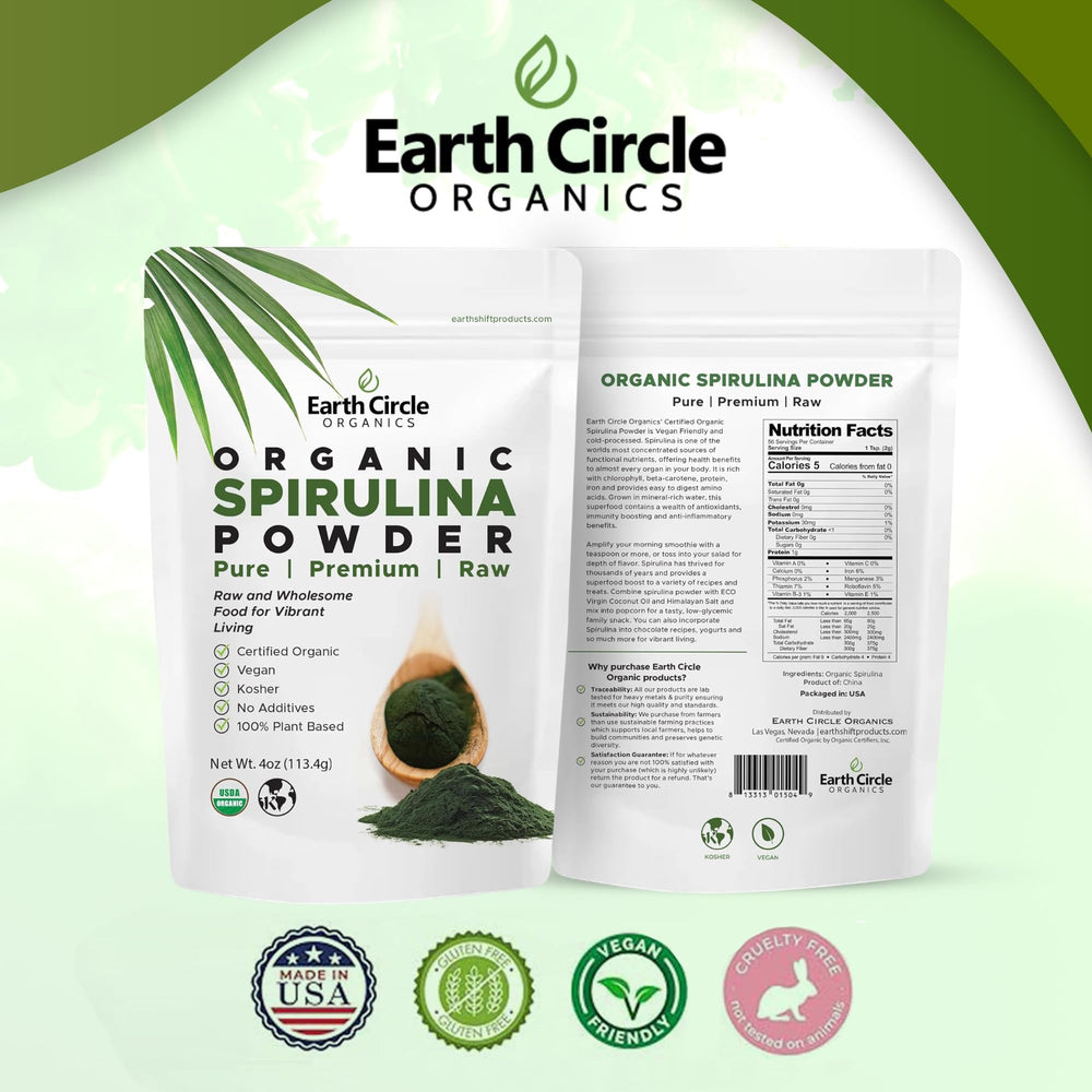 Earth Circle Organics Spirulina Powder in a kitchen scene suggests versatile daily use
