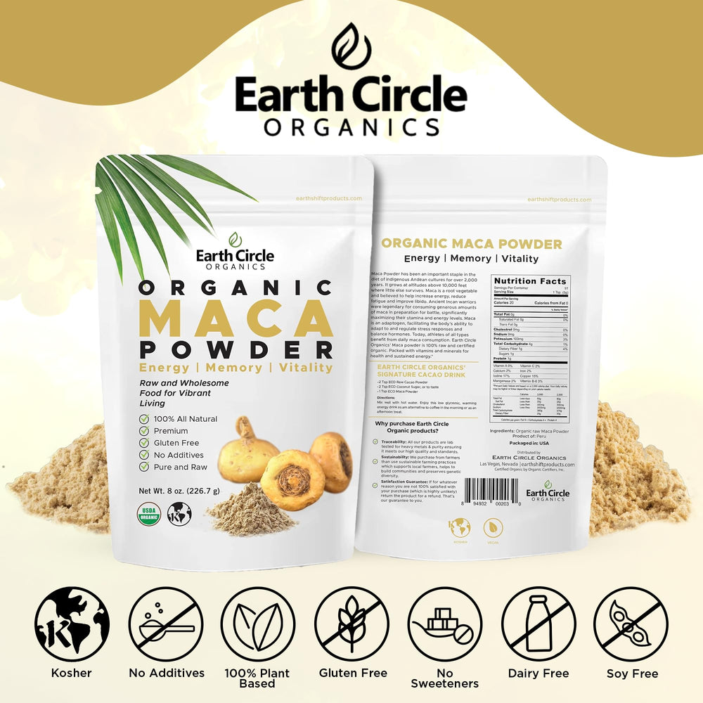 Earth Circle Organics Yellow Maca Powder dispensing pour for beverages.