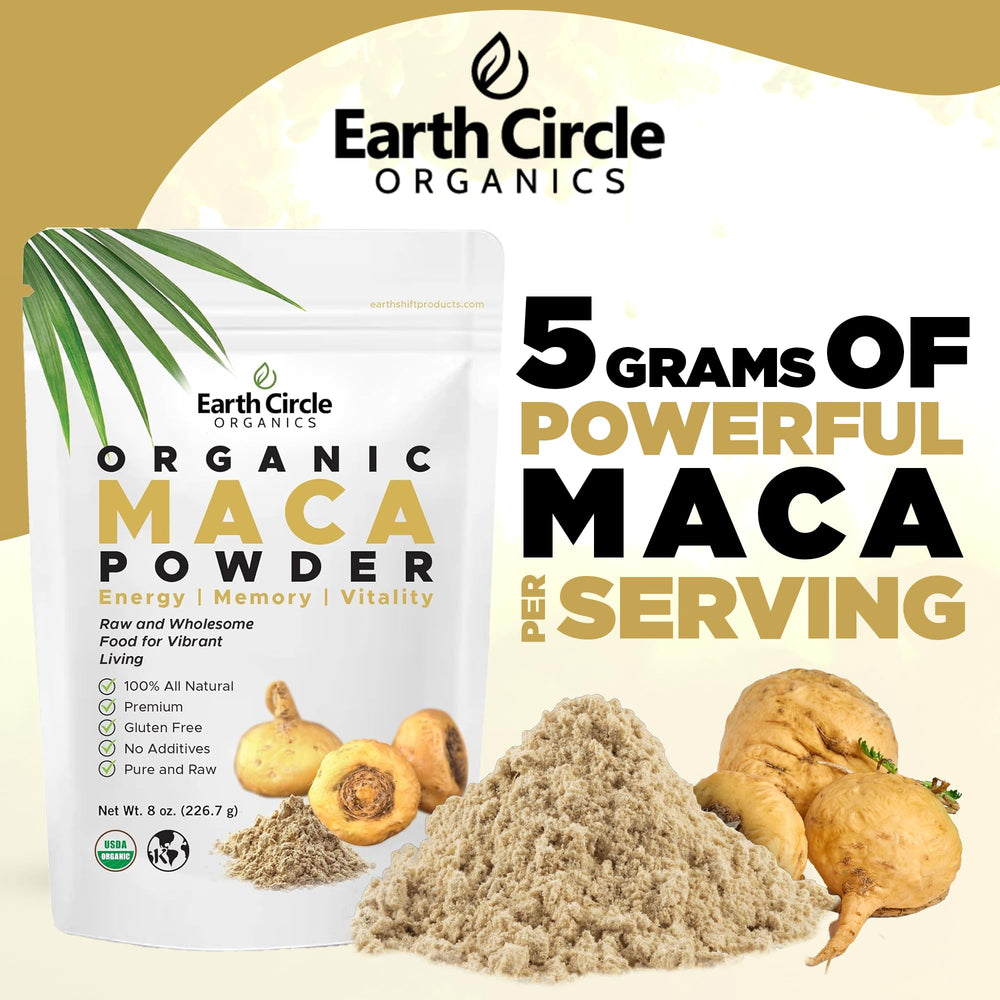 Earth Circle Organics Yellow Maca Powder ingredients panel highlights minerals.