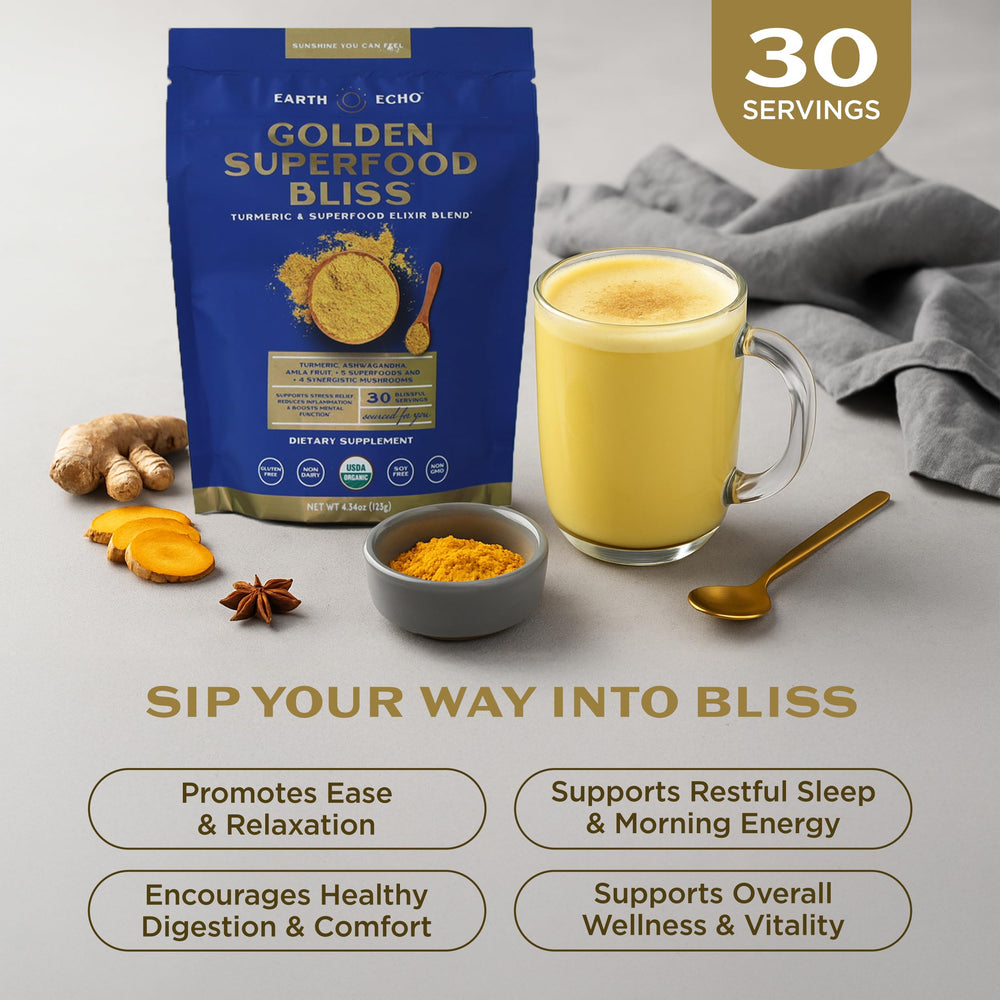 Earth Echo Golden Bliss measuring spoon ready to mix smoothly.