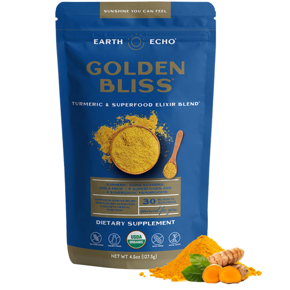 Earth Echo Golden Bliss turmeric-ginger powder for a soothing latte.