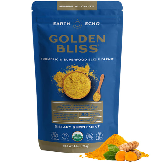 Earth Echo Golden Bliss turmeric-ginger powder for a soothing latte.