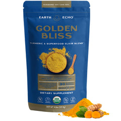 Earth Echo Golden Bliss turmeric-ginger powder for a soothing latte.
