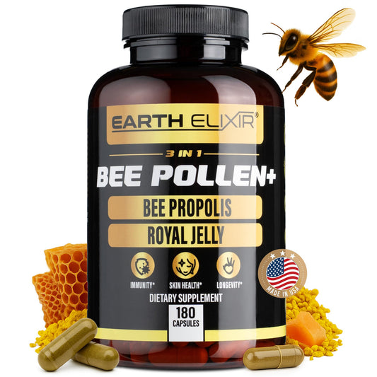 Earth Elixir 3-in-1 bee pollen bottle with capsules for natural energy support