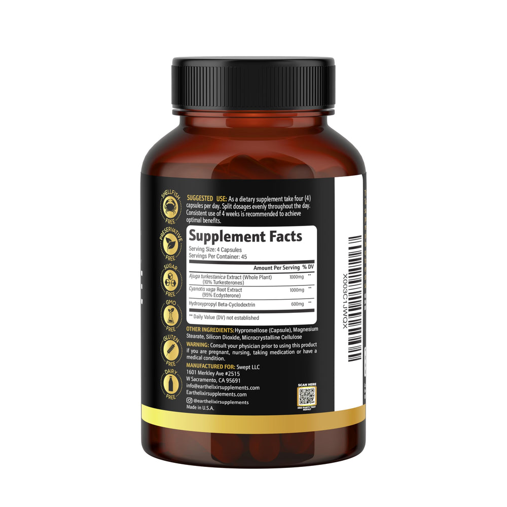 Earth Elixir bottle paired with water, suggesting easy daily regimen.