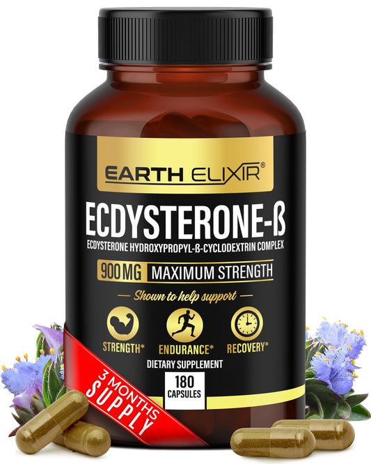 Earth Elixir Ecdysterone bottle label; strong quality for strength training.