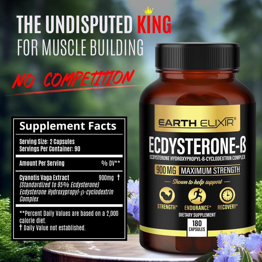 Earth Elixir Ecdysterone capsules close-up; convenient daily capsules for workouts.