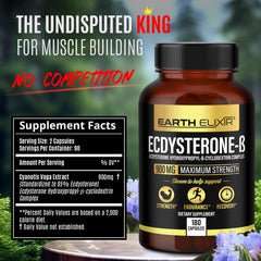 Earth Elixir Ecdysterone capsules close-up; convenient daily capsules for workouts.