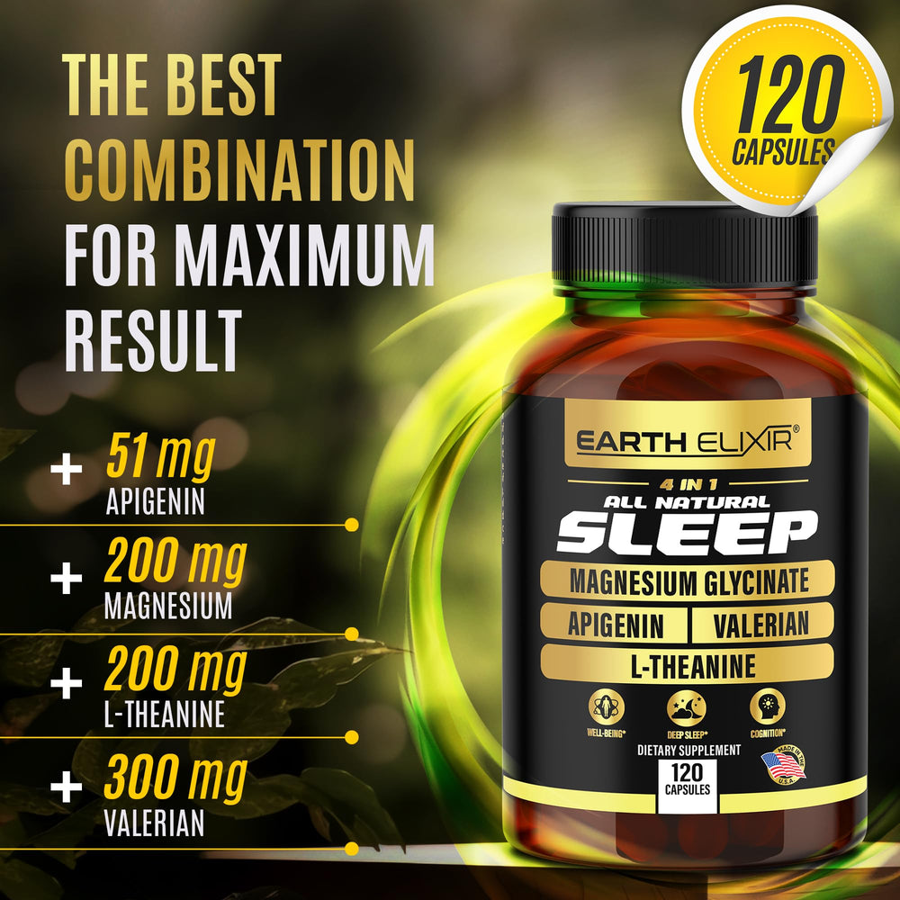 Earth Elixir L-theanine 200mg capsules beside a glass of water.