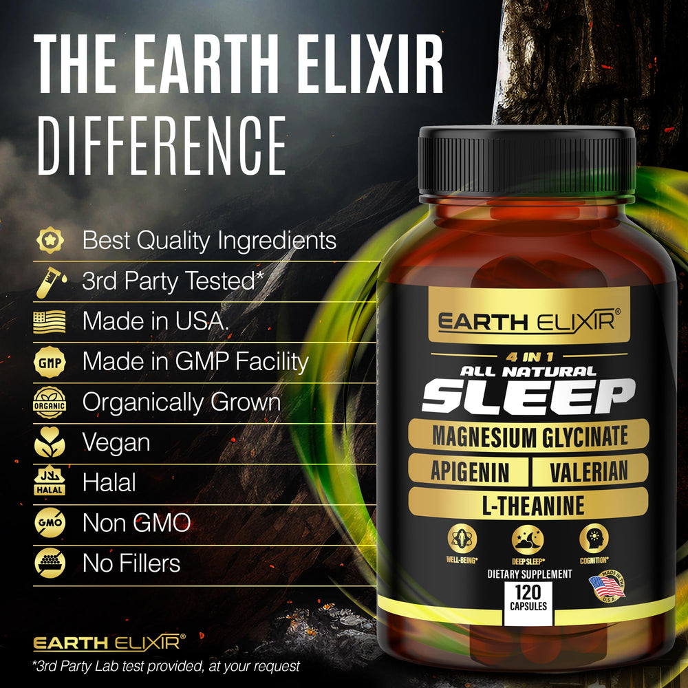 Earth Elixir night-relaxation bottle on a bedside table.