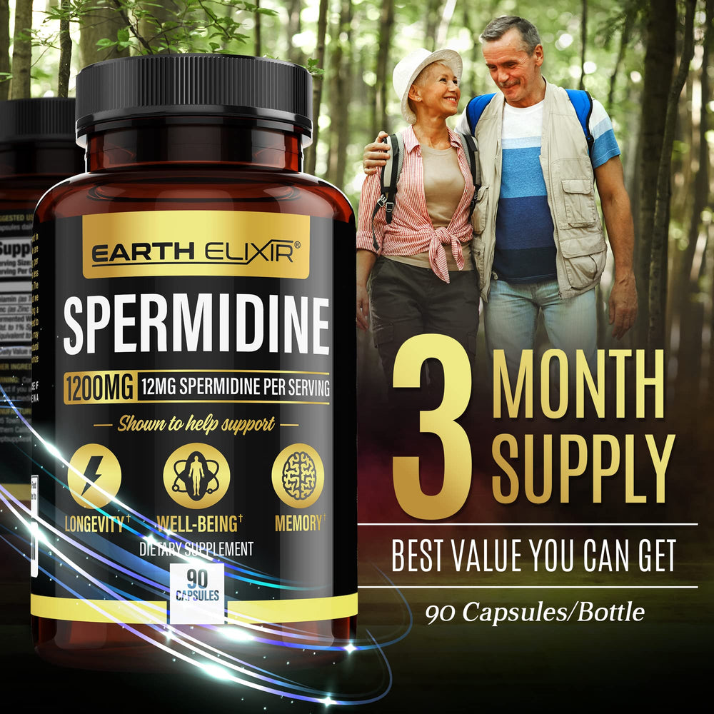 Earth Elixir Spermidine label close-up noting gluten-free and vegan.