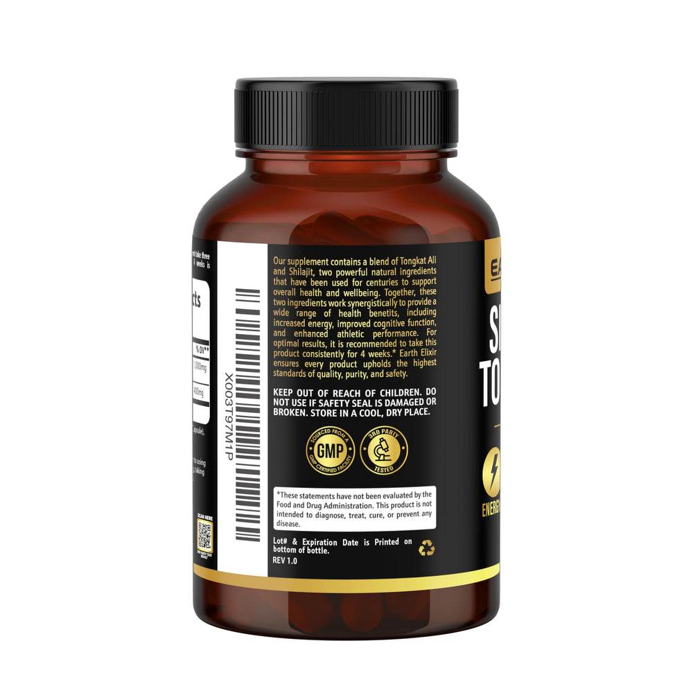 Earth Elixir vegan non-GMO capsules imply clean vitality support.