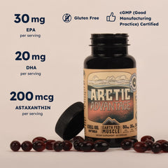 Earth Fed Muscle Arctic Advantage Krill Oil softgels close-up; supports brain and eye health.