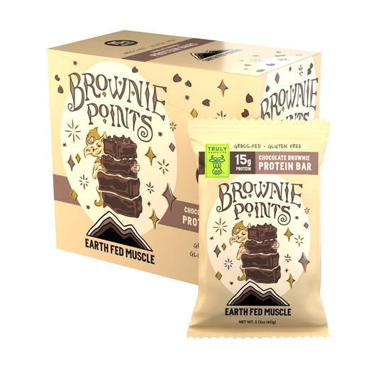 Earth Fed Muscle Brownie Points packaging on display showing 15g protein per bar