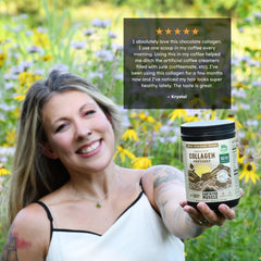 Earth Fed Muscle chocolate collagen powder with measuring scoop for serving