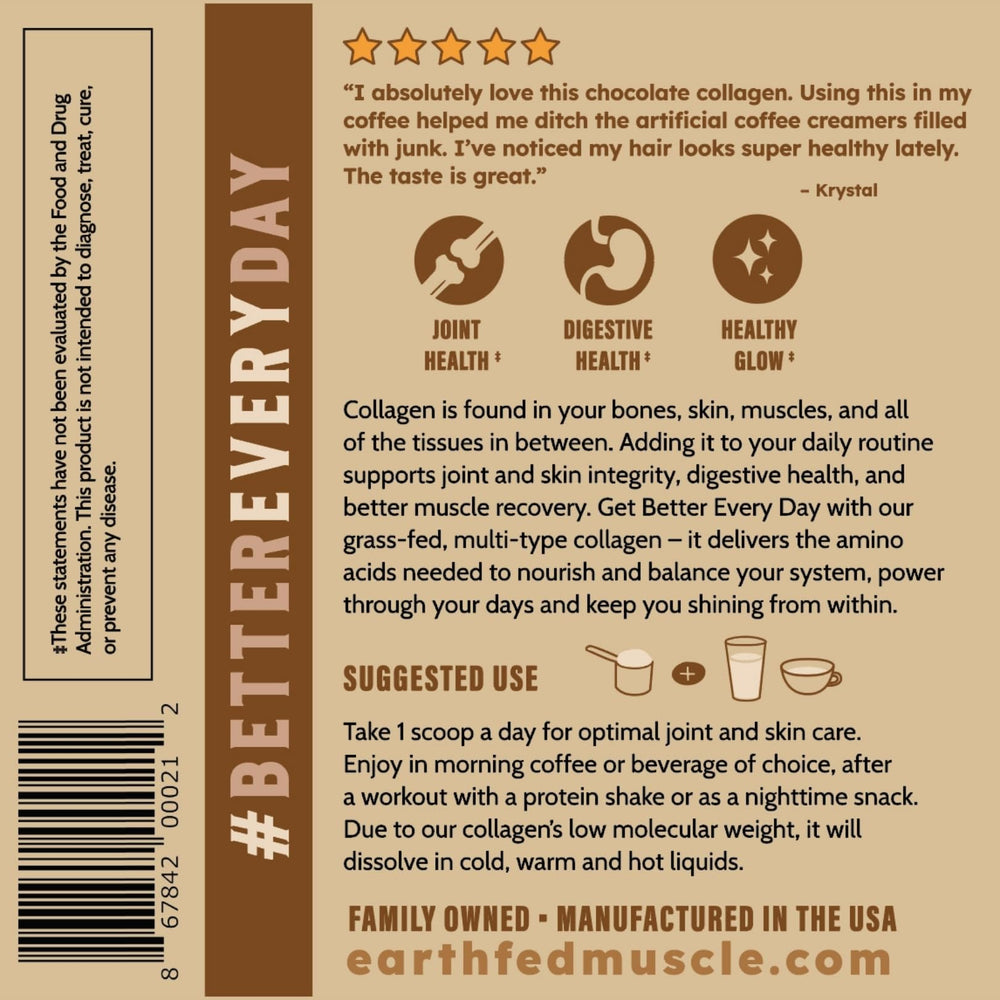 Earth Fed Muscle morning routine featuring chocolate collagen powder shake