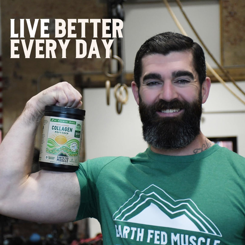 Earth Fed Muscle collagen peptides glass of water emphasizes clean, simple, mixable formula