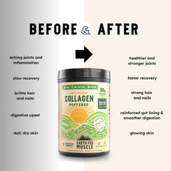 Earth Fed Muscle collagen peptides packaging closeup highlights keto-friendly, paleo, dairy-free options