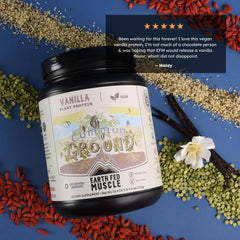 Earth Fed Muscle Common Ground organic ingredients label highlights pea, hemp, goji.