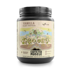 Earth Fed Muscle Common Ground vanilla protein powder tub showing creamy texture for shakes.