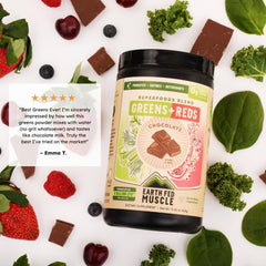Earth Fed Muscle greens blend close-up highlighting spirulina, chlorella, kale.
