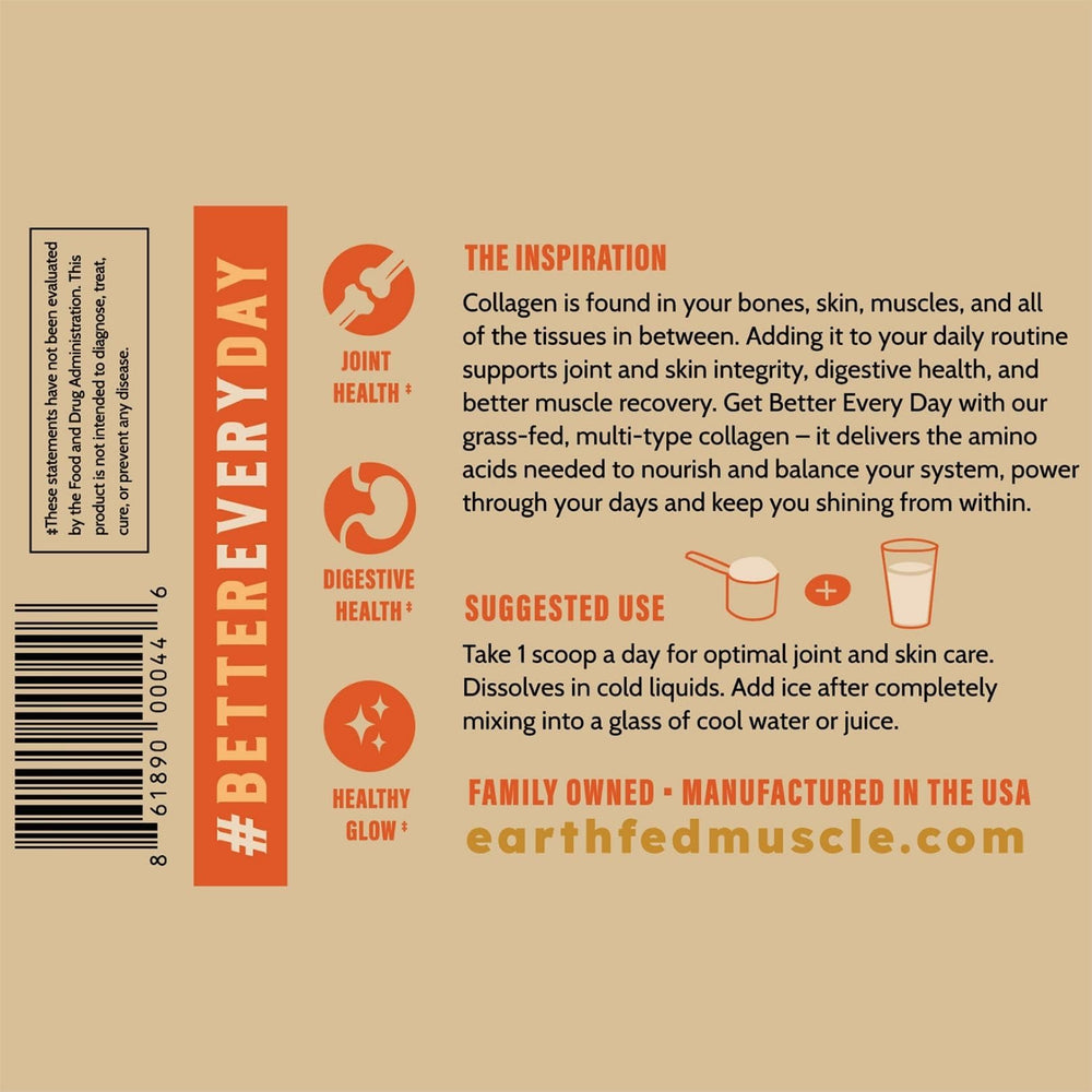 Earth Fed Muscle Lemonade Collagen Powder ingredient panel highlighting Type 1 & 3 collagen.