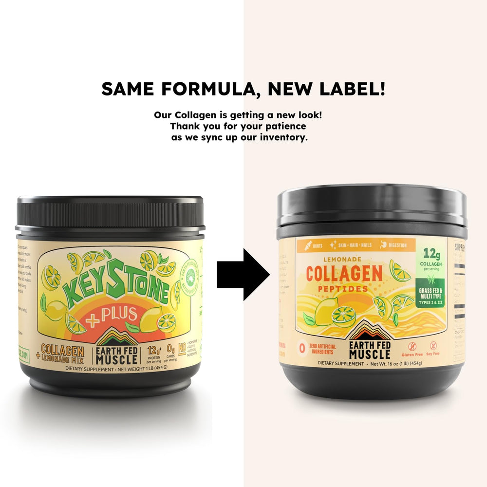 Earth Fed Muscle Lemonade Collagen Powder jar packaging highlighting grass-fed sourcing.