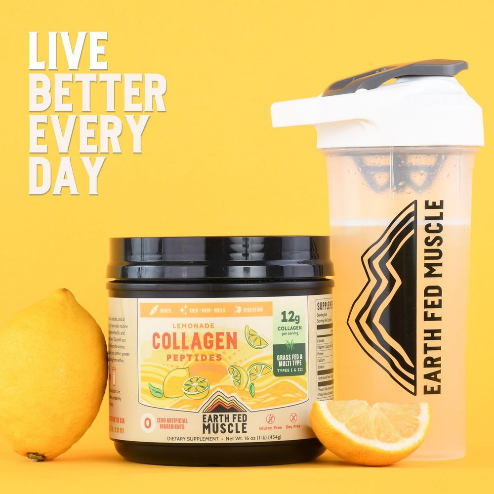 Earth Fed Muscle Lemonade Collagen Powder measuring spoon ready for workout routine.