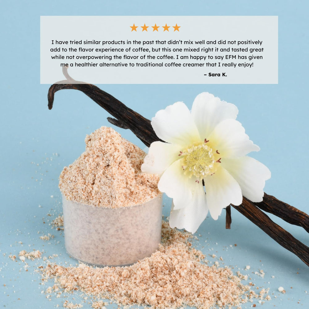 Earth Fed Muscle Morning Charge coconut milk powder jar emphasizes a five-ingredient clean creamer.