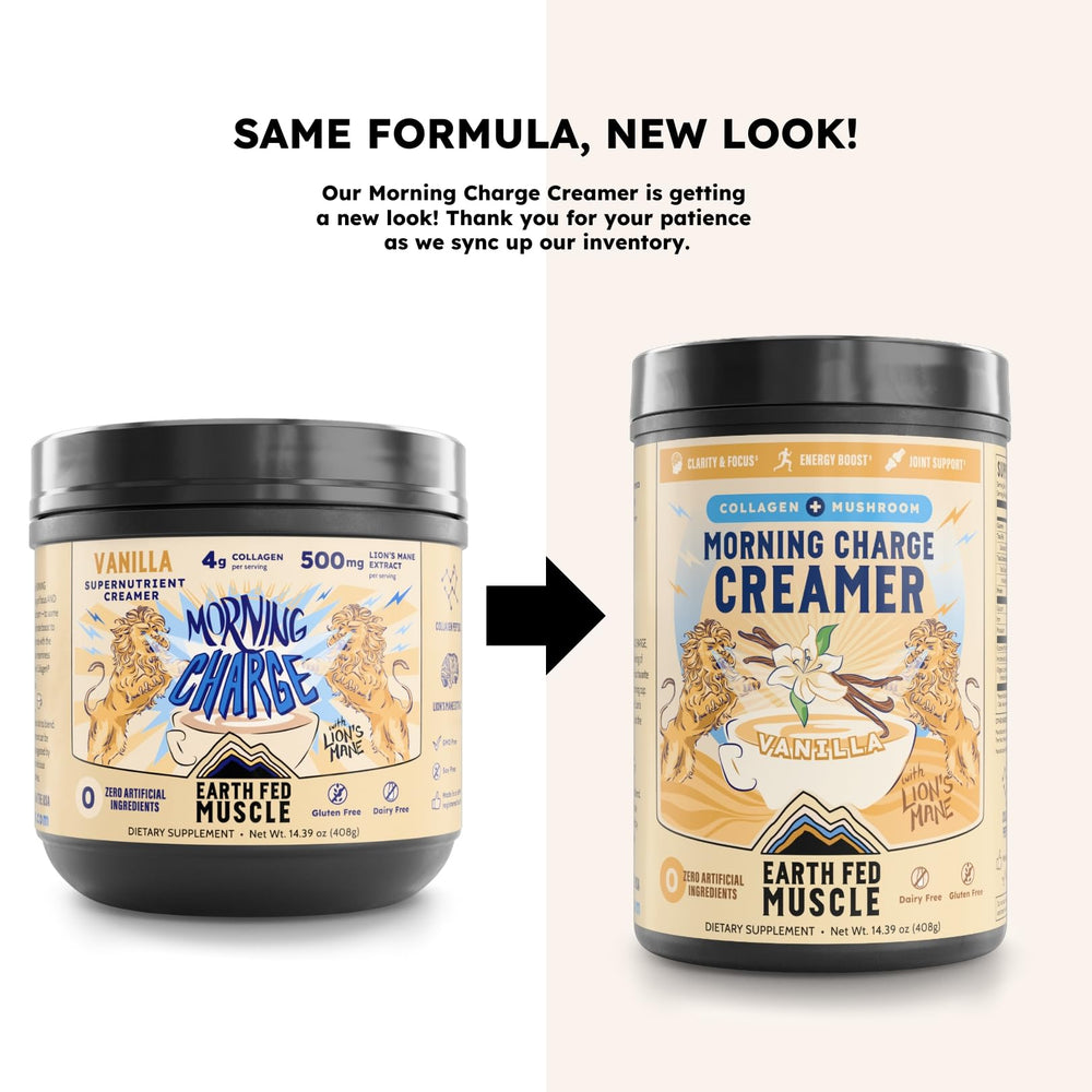 Earth Fed Muscle Morning Charge vanilla scoop demonstrates quick, protein-rich coffee addition for busy mornings.