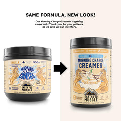 Earth Fed Muscle Morning Charge vanilla scoop demonstrates quick, protein-rich coffee addition for busy mornings.