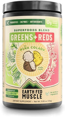 Earth Fed Muscle Reds & Greens powder in a jar with vibrant greens and reds.