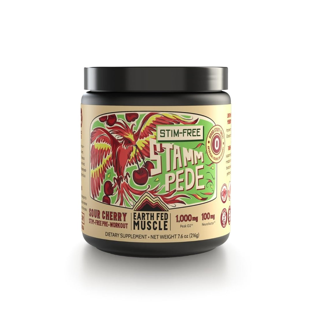 Earth Fed Muscle Stammpede canister with sour cherry flavor for caffeine-free energy.