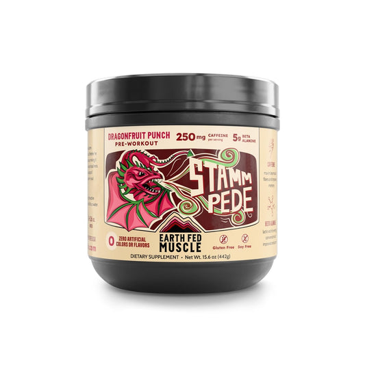 Earth Fed Muscle Stammpede dragon fruit punch canister showcases clean energy for workouts