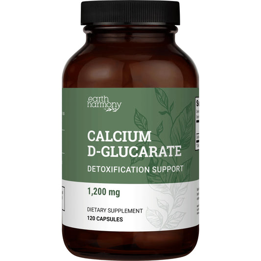 Earth Harmony Calcium D-Glucarate 1200mg bottle on a counter, signaling detox support.