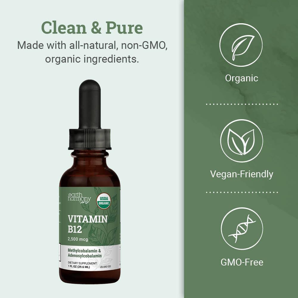 Earth Harmony Naturals B12 drops vegan formula highlighted as gluten-free and dairy-free