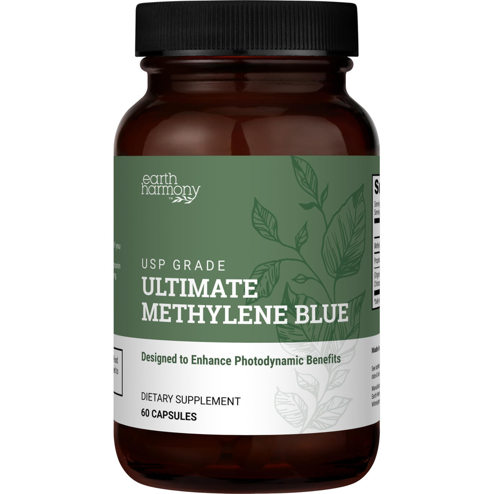 Earth Harmony Naturals Methylene Blue capsules packaging illustrating USP-grade supplement for daily use